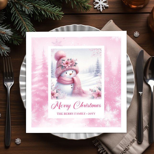 Ljusrosa snömannen Vinter Skog Jul  Pappersservett (Glowing Pink Snowman Winter Forest Christmas Napkins Kids)