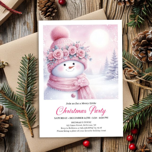 Ljusrosa snömannenedigerbar julinbjudan för barn inbjudningar (Gentle Pink Snowman Editable Kids Christmas Invite File)