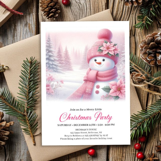 Ljusrosa snömannenediterbar julinbjudan  inbjudningar (Gentle Pink Snowman Editable Christmas Invite Digital File)