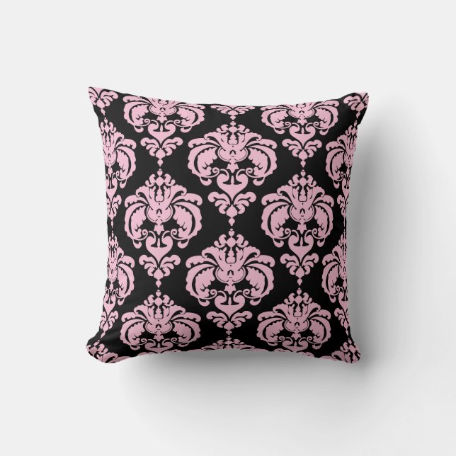 Ljusrosa & Svart Damask Modern Elegant Mönster Kudde (Framsida)