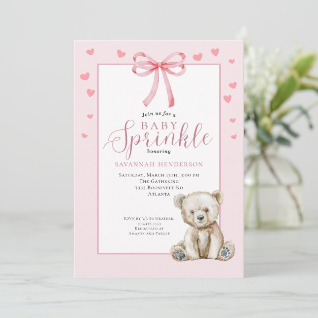 Ljusrosa teddybjörn flicka sprinkle inbjudningar (Stående Fram)