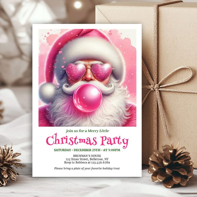 Ljusrosa tomte bubbelgummi vattenfärg jul   inbjudningar (Bright pink santa bubble gum watercolor Xmas invite)
