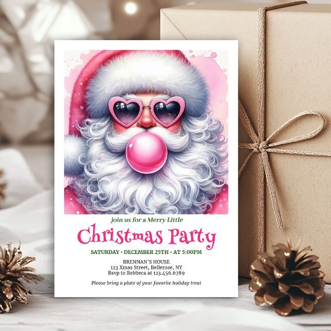 Ljusrosa tomte tuggummi vattenfärg inbjudan  (Bright pink santa chewing gum watercolor invite card)