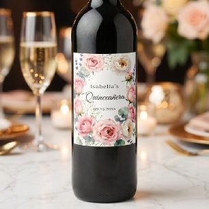 Ljusrosa vattenfärg ros Quinceañera Vinflaska Etikett