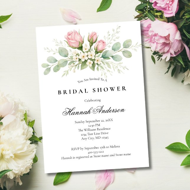 Ljusrosa vita blommor Elegant bröllopsdusch Inbjudningar (Blush Pink Roses Greenery Bridal Shower Invitation. Elegant Formal. Digital or Printed)