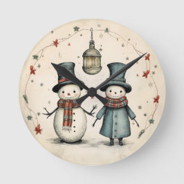 Ljussällskap - Vintage Snögubbe Rund Klocka