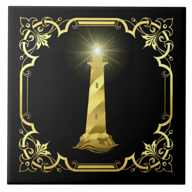 Ljussilhuett/guld/svart nautiskt fyr kakelplatta (Framsidan)