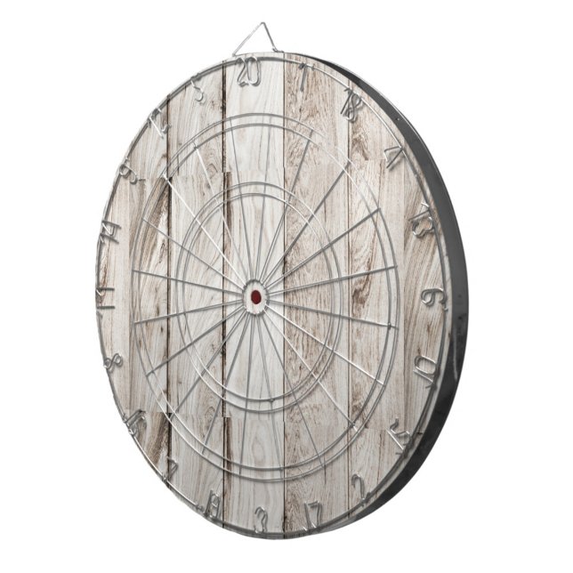 Ljusskålar Darttavla (A dartboard made of light-colored wood, with a metal wire grid and a red bullseye.)