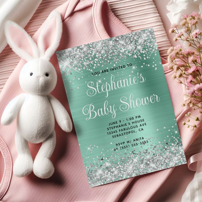 Ljusskena för små barn i silver Glitter Inbjudningar (Silver Glitter Light Teal Baby Shower Invitation)