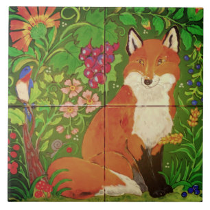 Ljusskog/räv fågel/blommiga druvor Art Mural Kakelplatta