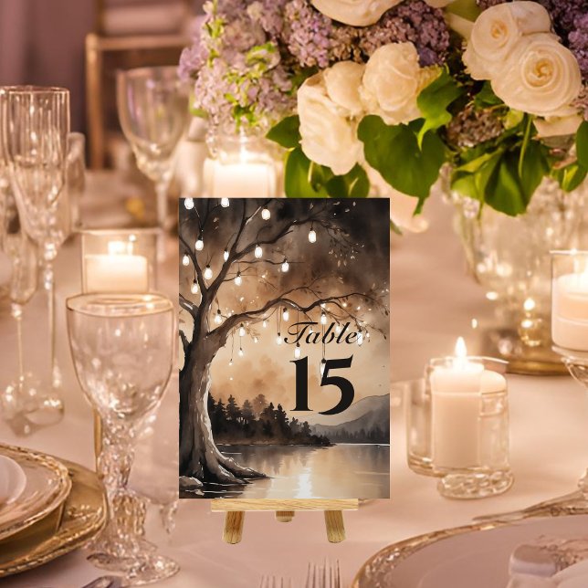 Ljusslinga På Träd Romantiskt Landligt Bröllop Bordsnummer (Front view string lights on tree romantic country wedding barn wood fairy lights table number sign)