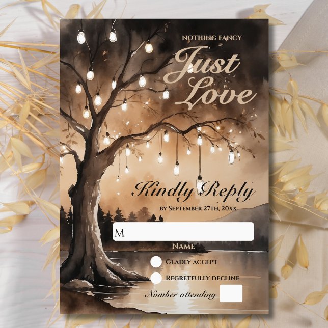 Ljusslinga På Träd Romantiskt Landligt Bröllop OSA Kort (Flat lay string lights on tree enchanted woodland forest light bulbs romantic country wedding RSVP)