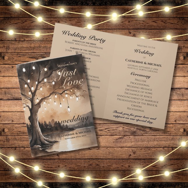 Ljusslinga På Träd Romantiskt Landligt Bröllop Program (Flat lay barn wood fairy lights romantic country enchanted woodland forest light wedding program)