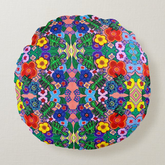 Ljusstark Abstrakt Flower Art Rund Kudde (Framsidan)