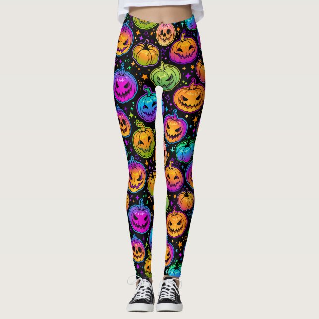 Ljusstark, flerfärgad Halloween Pumpkin Mönster Le Leggings (Framsida)