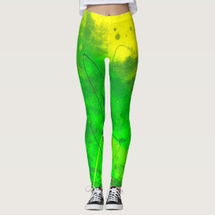 Ljusstark Grönt och Gult Grunge Art Leggings
