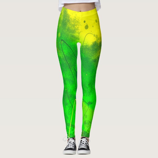 Ljusstark Grönt och Gult Grunge Art Leggings (Framsida)