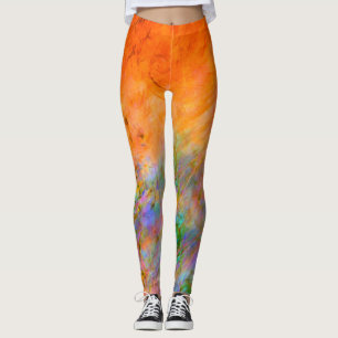 Ljusstark Orange med Grönt, blått och Lila målat Leggings
