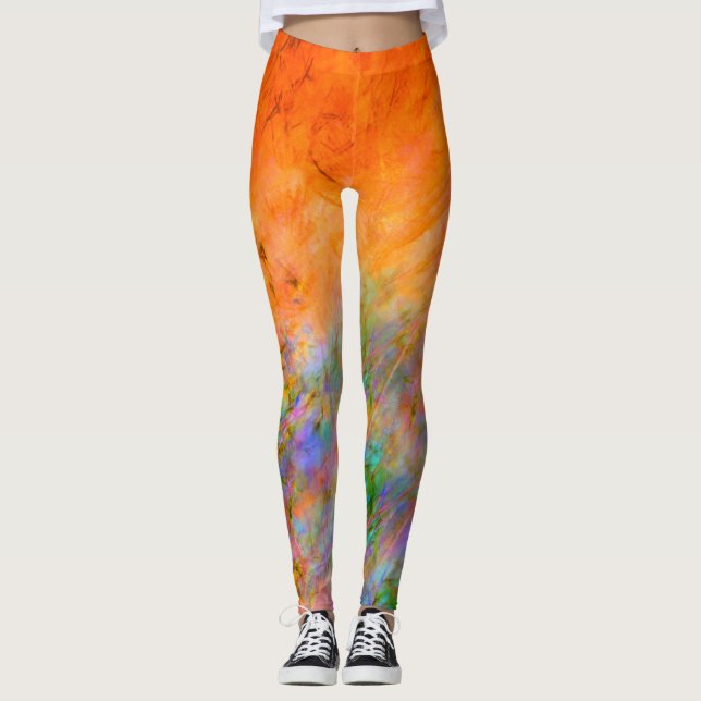 Ljusstark Orange med Grönt, blått och Lila målat Leggings (Framsida)