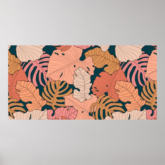 Ljusstark rosa, orange, gult löv av monstera och poster (Framsidan)