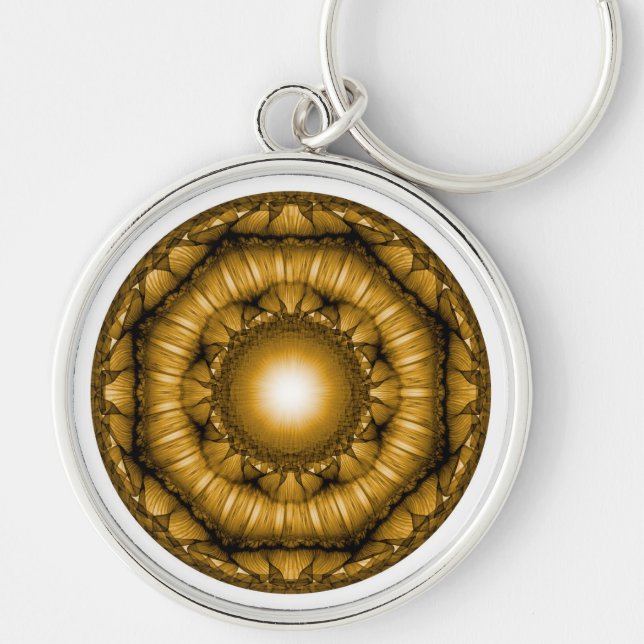 Ljusstrålande geometrisk ornament rund silverfärgad nyckelring (Framsidan)