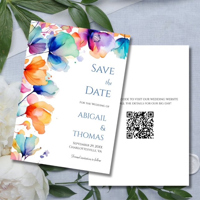 Ljust akvarell blomstermodernt QR-kod bröllop Spara Datumet (Bright Watercolor Florals, Blue Orange Purple Wedding Save the Date Card with QR code)