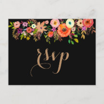 Ljust akvarellblommig bröllopsinbjudan med svarsta