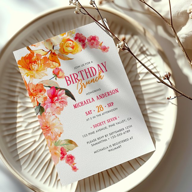 Ljust akvarellblommigt födelsedagsbrunch/lunch inbjudningar (Skapare uppladdad)