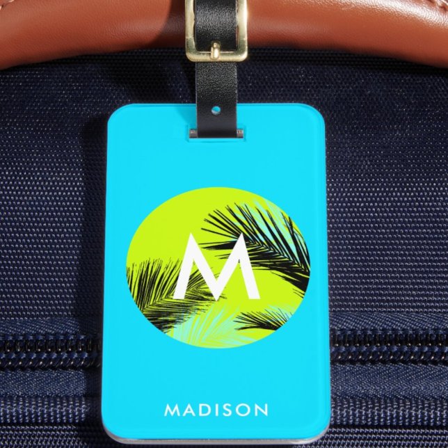 Ljust Aqua Blå med Tropiska Palmträd Monogram Bagagebricka ("Everyday is abundantly beautiful." 
Sincerely Best Wishes from Lucky Design World)
