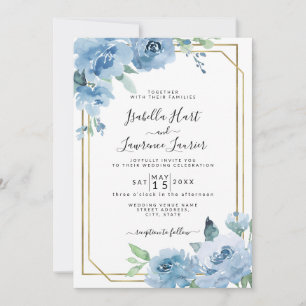 Ljust Baby blue Blommigt Vattenfärg Guld Bröllop Inbjudningar