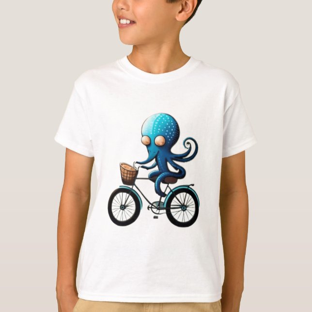 Ljust blå bläckfisk på en cykel t shirt (Framsida)