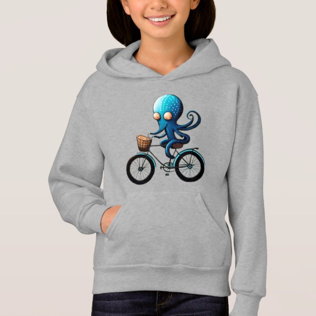 Ljust blå bläckfisk på en cykel t shirt (Framsida)