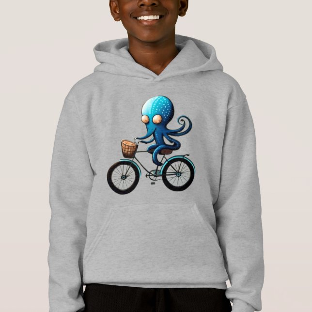 Ljust blå bläckfisk på en cykel t shirt (Framsida)