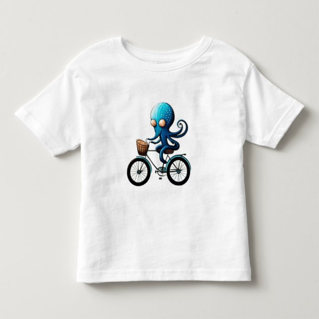 Ljust blå bläckfisk på en cykel t shirt (Framsida)