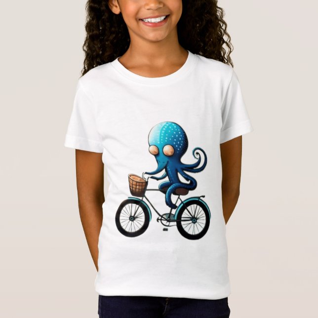Ljust blå bläckfisk på en cykel t shirt (Framsida)