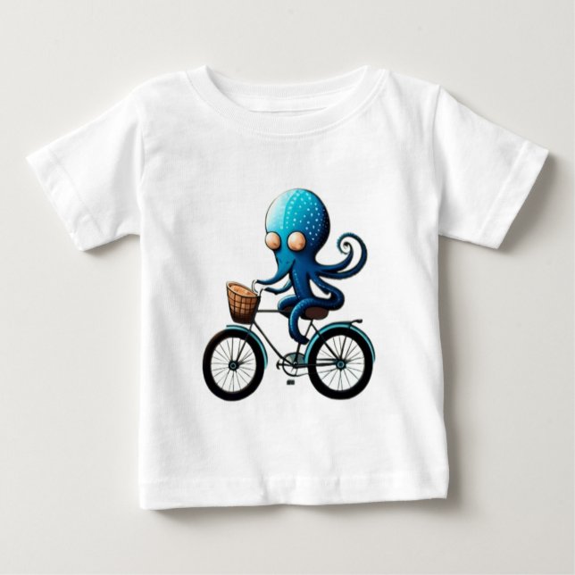 Ljust blå bläckfisk på en cykel t shirt (Framsida)