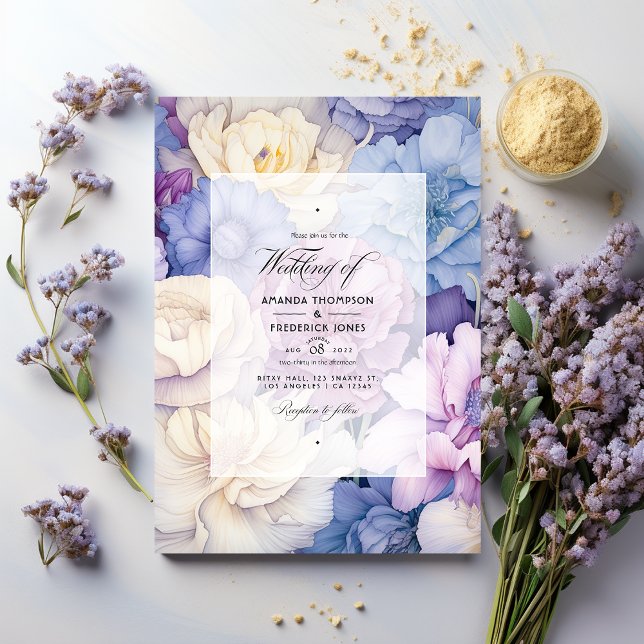 Ljust Blå, Kräm och Lavendel Blommig Bröllop Inbjudningar (Skapare uppladdad)