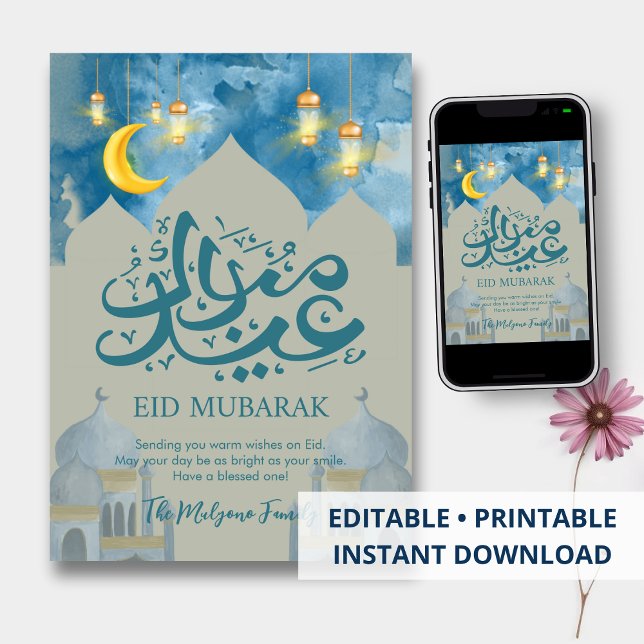 Ljust Blått Himmels & Guld Halvmåne Eid Mubarak-ko Julkort (Skapare uppladdad)