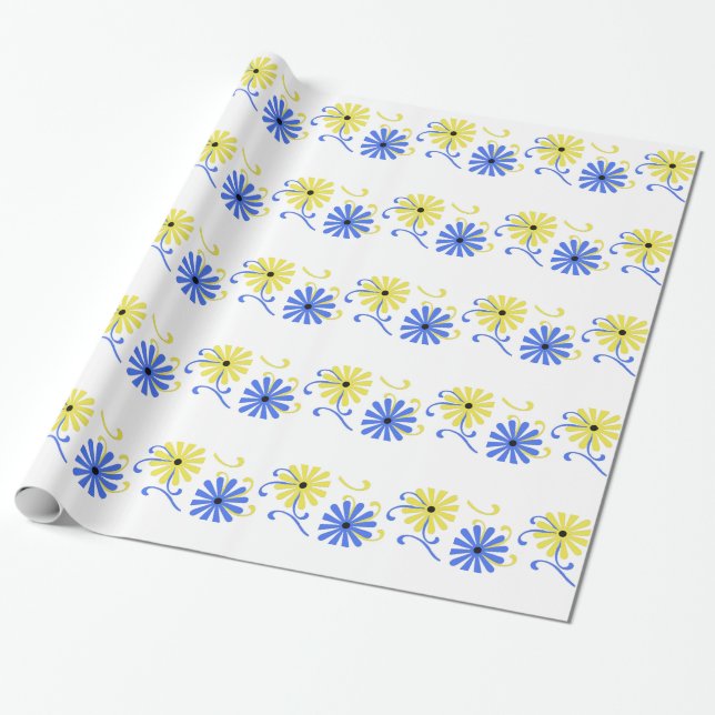 Ljust, blått och gula blommor, gåvaomslag presentpapper (Utrullad)