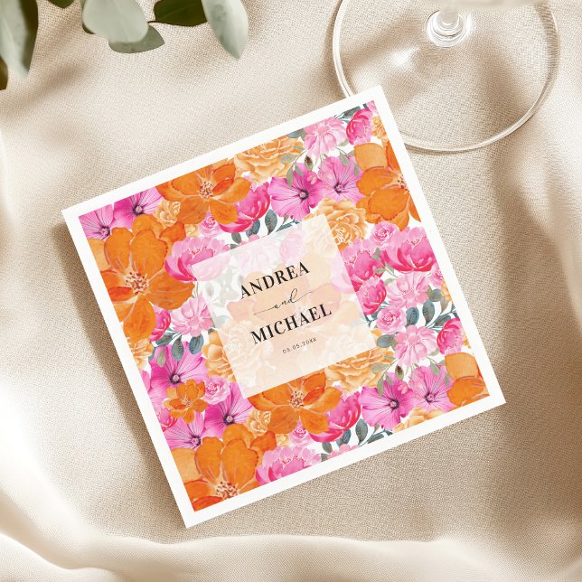 Ljust bleknad rosa och orange blomster sommarbröll pappersservett (Skapare uppladdad)