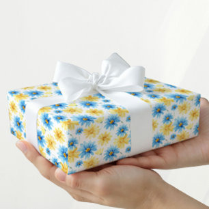 Ljust Blommigt Blått och Gult Presentpapper