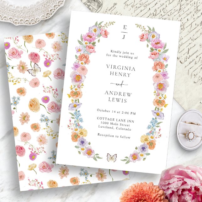 Ljust Blommigt Bröllop Inbjudningar (Bright Floral Wedding Invitation with Monogram by Painted Paperie
)