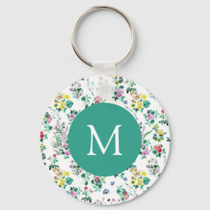 Ljust blommönster Teal Monogram Nyckelring