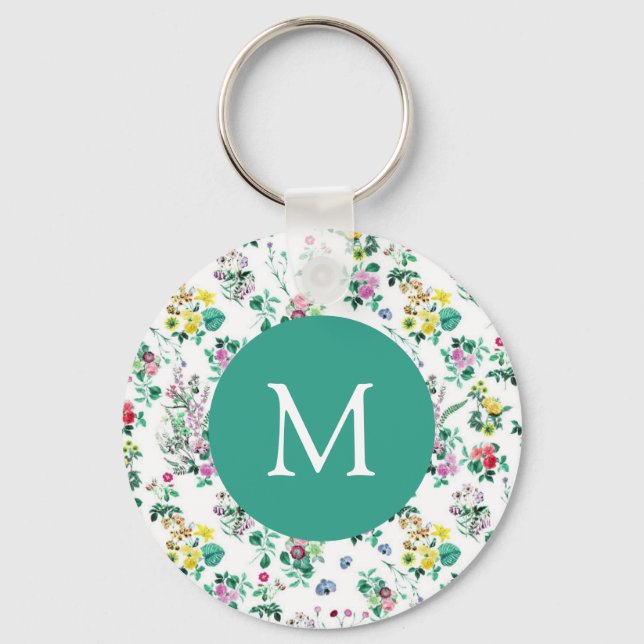 Ljust blommönster Teal Monogram Nyckelring (Framsida)