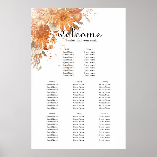 Ljust blomster vår sommar bröllop sittplatskarta poster (Framsidan)