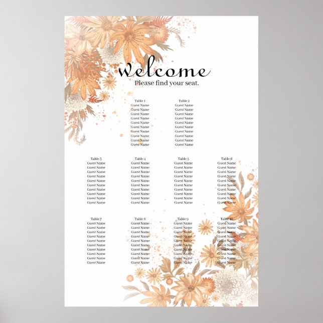 Ljust blomster vår sommar bröllop sittplatskarta poster (Framsidan)