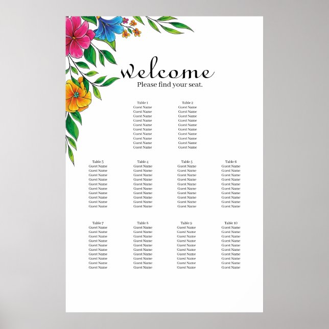 Ljust blomster vår sommar bröllop sittplatskarta poster (Framsidan)