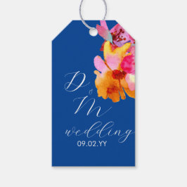 Ljust blomster vattenfärg monogram blå bröllop presentetikett