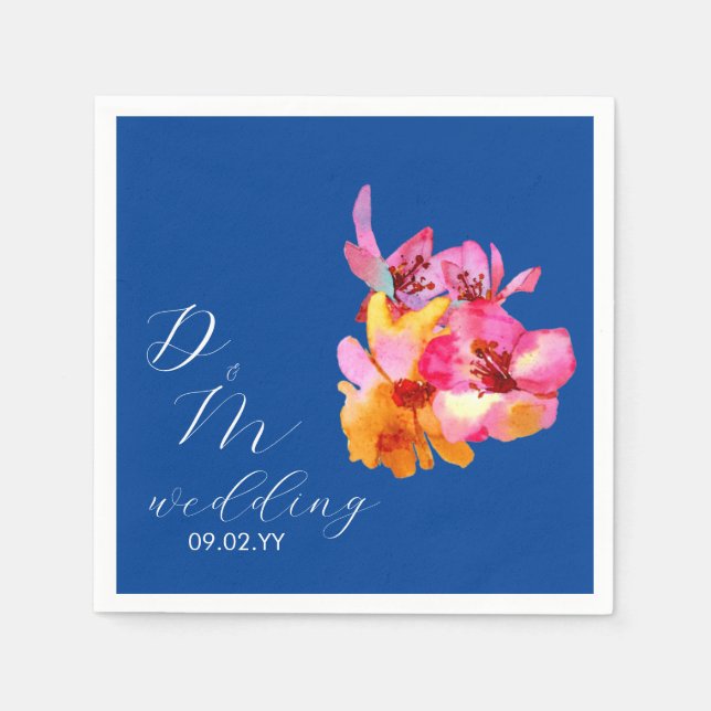 Ljust blomster vattenfärgsmonogram blått bröllop pappersservett (Framsidan)