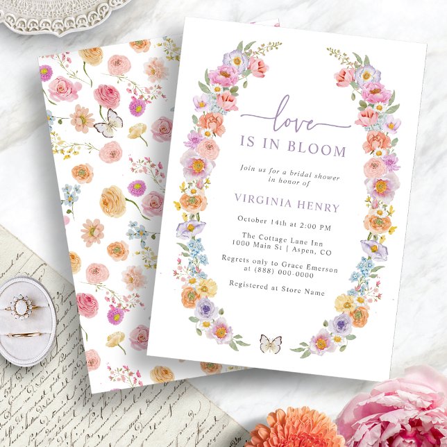 Ljust blomsterälskande bröllopsfest i full blomnin inbjudningar (Bright Floral Love In Bloom Bridal Shower Invitation by Painted Paperie
)
